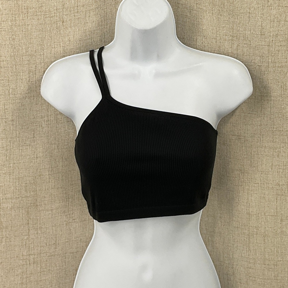 Aerie One Shoulder Crop Top Women Large Black Ribbed Minimalist Boho Tank